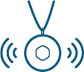Blue line drawing of a round pendant on a necklace with curved lines on each side, suggesting sound waves or signals emanating from it.