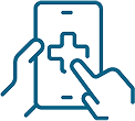 Line drawing of a hand holding a smartphone with a medical cross on the screen, and another hand touching the screen, symbolizing digital healthcare or telemedicine.