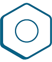 A blue hexagon outline with a blue circle outline centered inside, on a light gray background.