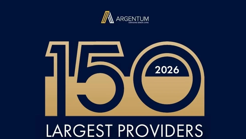 ArgentumTop150 - Phoenix Senior Living Dark blue background with 150 in large gold numbers, 2026 inside the zero, and Largest Providers written below in white. Argentum logo and text appear at the top.
