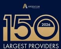 Dark blue background with 150 in large gold numbers, 2026 inside the zero, and Largest Providers written below in white. Argentum logo and text appear at the top.