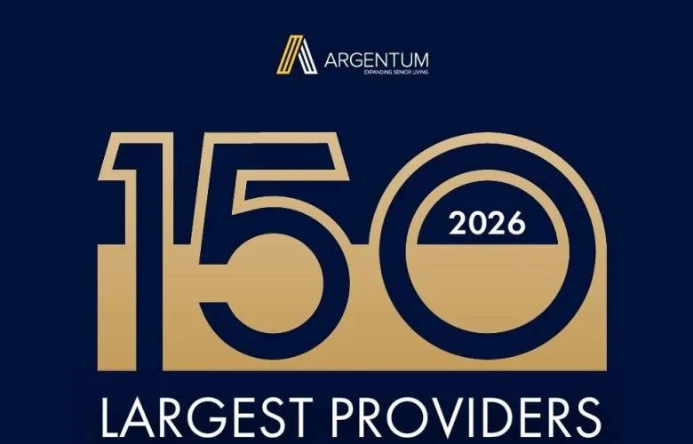ArgentumTop150 - Phoenix Senior Living Dark blue background with 150 in large gold numbers, 2026 inside the zero, and Largest Providers written below in white. Argentum logo and text appear at the top.