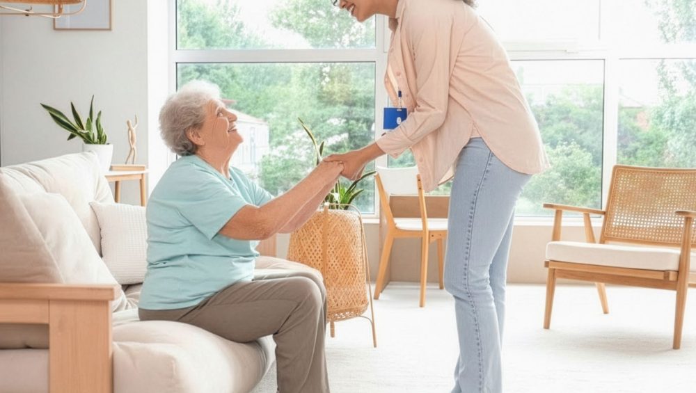 PSL_fall_prevention_crop-900x700 - Phoenix Senior Living A younger woman stands smiling and holding hands with an older woman who is sitting on a couch in a bright, cozy living room with large windows and natural light.