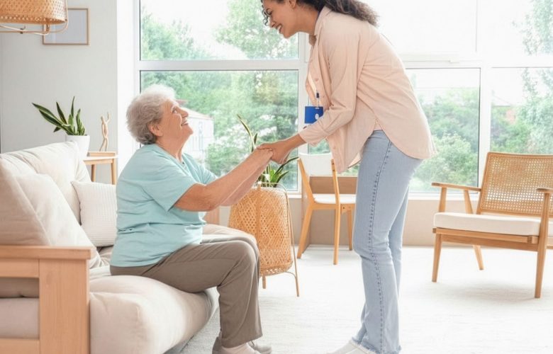 PSL_fall_prevention_crop-900x700 - Phoenix Senior Living A younger woman stands smiling and holding hands with an older woman who is sitting on a couch in a bright, cozy living room with large windows and natural light.