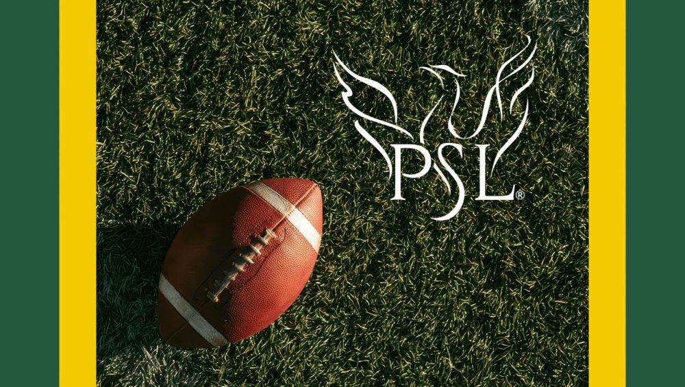 An American football on grass with the PSL logo, featuring a stylized bird, in the upper right corner. Yellow vertical bars border the left and right edges.