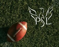 An American football on grass with the PSL logo, featuring a stylized bird, in the upper right corner. Yellow vertical bars border the left and right edges.