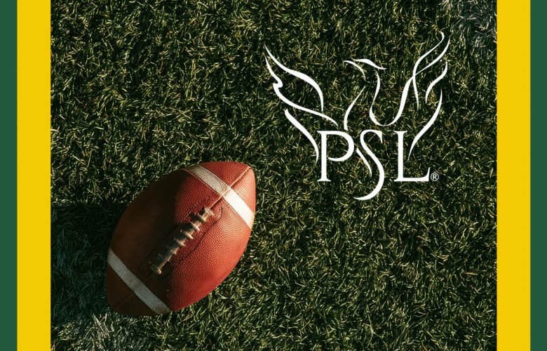 10610 PSL_Blog_Football - Phoenix Senior Living An American football on grass with the PSL logo, featuring a stylized bird, in the upper right corner. Yellow vertical bars border the left and right edges.