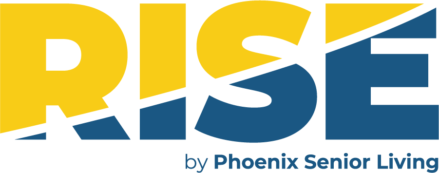 The word RISE split diagonally, with the top half in yellow and the bottom half in blue. Below, it says by Phoenix Senior Living in blue text.