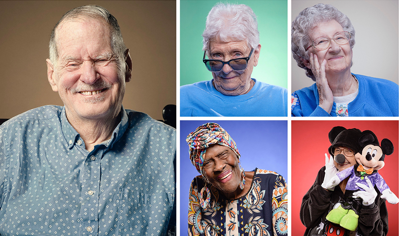 Collage of four elderly people smiling and posing playfully, with one woman standing next to a person in a Mickey Mouse costume. Each person is wearing colorful clothing and different accessories.